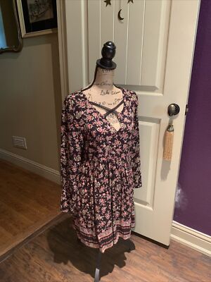 Black Lace Floral Dress Long Sleeve Dark Academia Criss Cross Lace Front S  36 34 | eBay