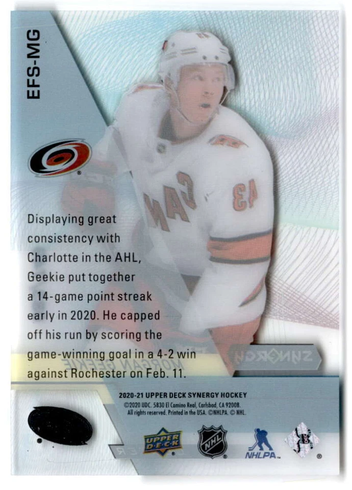 2020 UD Synergy Exceptional Futures #EFS-MG MORGAN GEEKIE /749  Hurricanes - Image 2 of 2