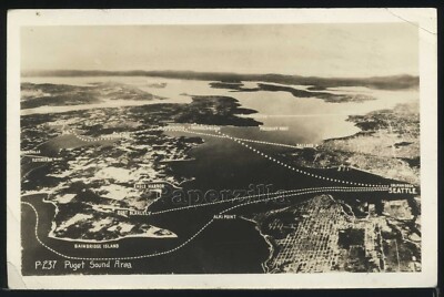 WA Puget Sound Area RPPC 1943 WSF WASHINGTON STATE FERRY ROUTE MAP Seattle P-237