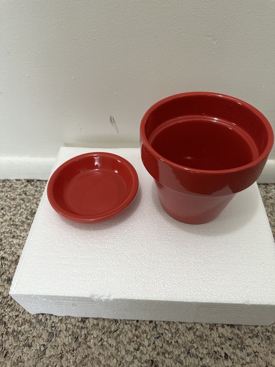 Glazed Small Ceramic Red Pot w/ Drainage Hole & Saucer (4 Pots Per