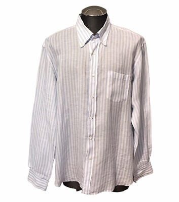 L Ancora Portofino Italy Linen Shirt Striped Light Blue White Men s Sz 47/19