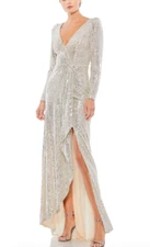 MAC DUGGAL 26395 SEQUIN FAUX WRAP SILVER EVENING GOWN 10