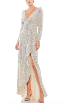 MAC DUGGAL 26395 SEQUIN FAUX WRAP SILVER EVENING GOWN 10