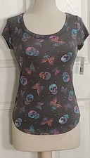 Skulls  Butterflies Juniors GRAY Top Shirt S or L w/Lace Up Back Women's NEW