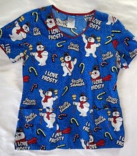 Womens Scrub Shirt Frosty The Snowman Size S Cotton Blend Blue Christmas