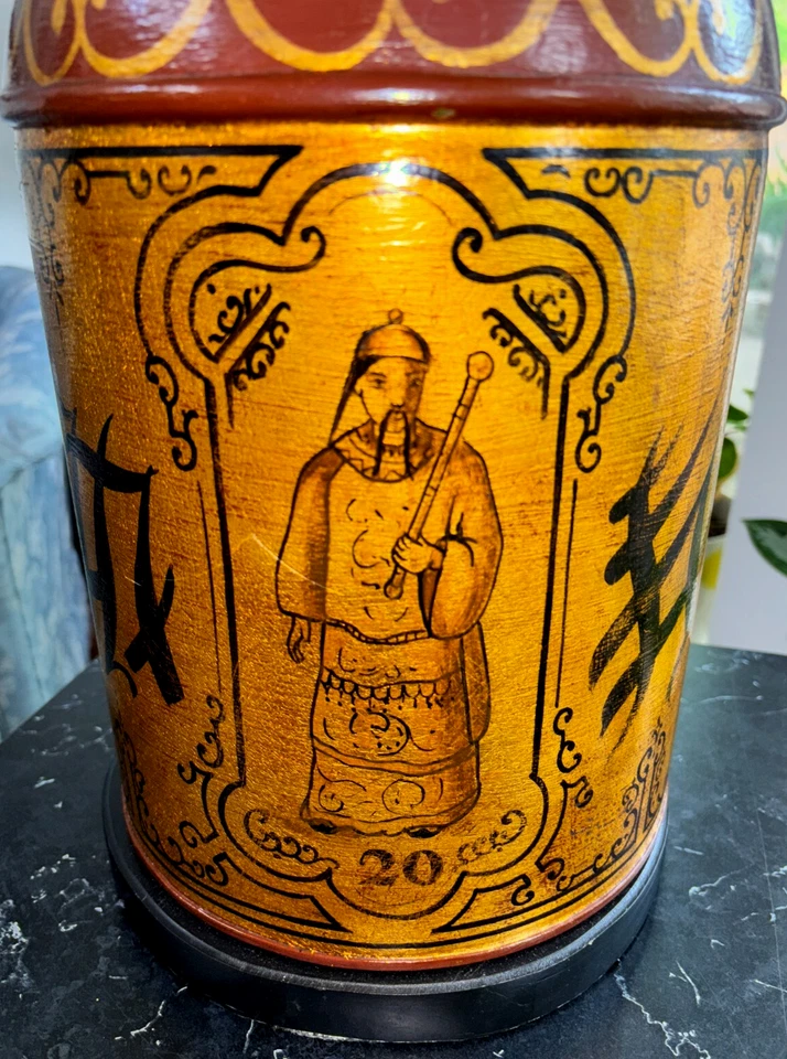 Antigua lámpara de mesa asiática de lata de té 29" pintura Tole óxido dorado chinoiserie Foto 2 de 4