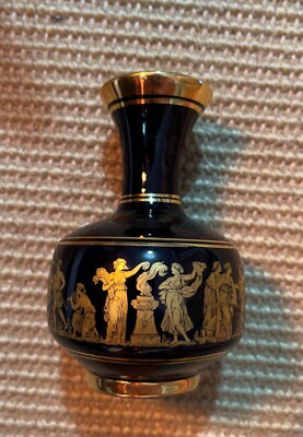 Limited Edition NOFITOU KERAMIK HAND MADE IN GREECE 24K GOLD Dark Navy Blue Vase