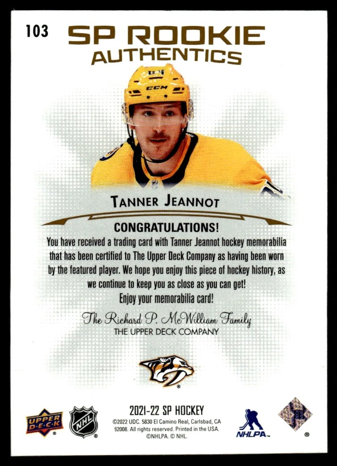 2021-22 SP ROOKIE AUTHENTIC JERSEY Tanner Jeannot Nashville Predators #103 . - Image 2 of 2