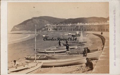 1871 CDV ABERYSTWITH WALES BEACH BOATS, BATHING HUTS, VICTORIAN SEASIDE PHOTO 