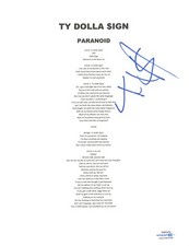 Ty Dolla Sign $ign Signed Autograph Paranoid Lyric Sheet Rapper Hip Hop ACOA COA
