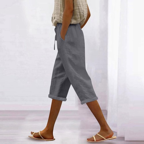 Women's Fashion Casual Loose Solid Colour Cotton Linen Drawstring 7/10 Pants - Picture 40 of 72