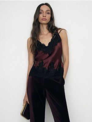 BNWT  Rowan  Pure Silk Lace-Trim Cami Top in Burgundy By Reiss