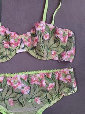 New Green Pink Mesh Floral Lace Balconette Underwired Bra Set XL