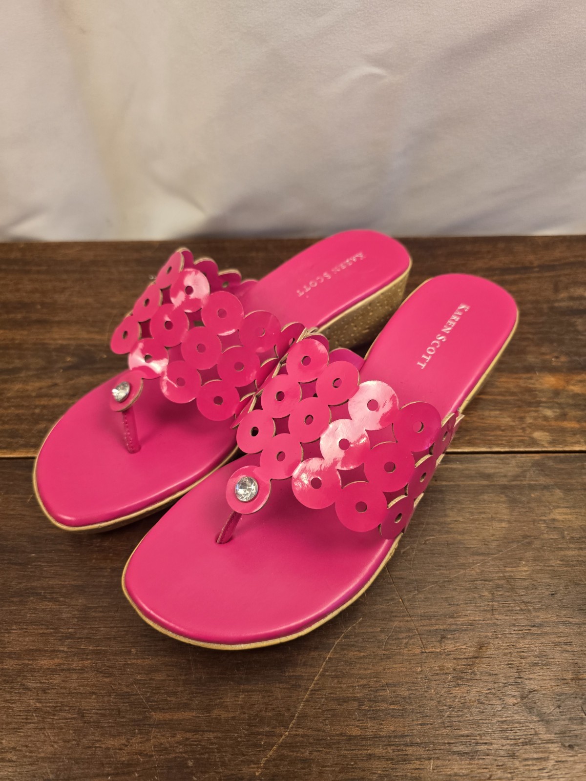 Women's Karen Scott Sophia Pink  Embellished Toe Post Wedge Slide Sandals 7.5M