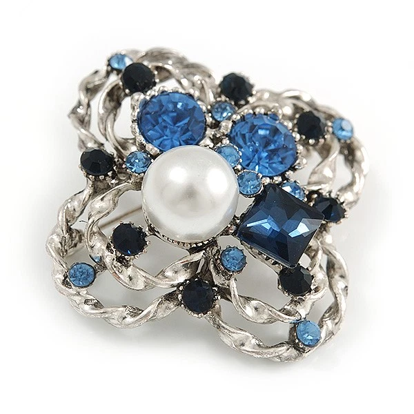 Broche vintage de cristal inspirado en perlas floral en tono peltre metal - 45 mm Foto 3 de 4