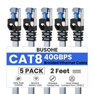 BUSOHE Cat 8 Ethernet Cable 2 FT 5 Pack, Nylon Braided High Speed 2FT, Grey 