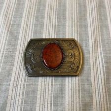 Vintage Western Belt Buckle Brass  Faux Turquoise Oval Stone L 0281 Red