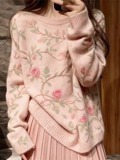 Women's Knitted Sweater Winter Floral Loose Wool Warm Long Sleeve Pullover Tops