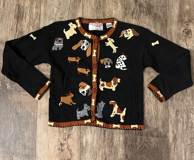 Michael Simon Sez VTG 90s Girls 10 Dog Embroidered Appliqué Art Cardigan Sweater