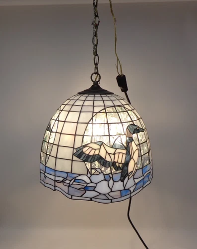 Vintage large Tiffany Style Stained Glass Duck Hanging Lamp 16" Diameter