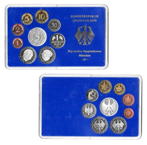 1974 D West Germany 9-Coin Official Proof Set, SILVER 5 Mark Munich Mint. BB31