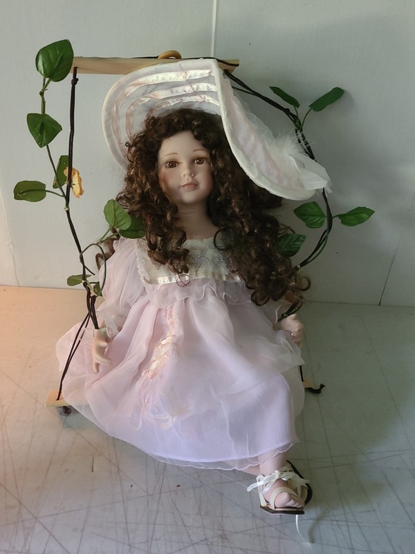 Vintage Large Porcelain Doll Sitting On a Swing Set. Hangable. Brown Hair, Dress