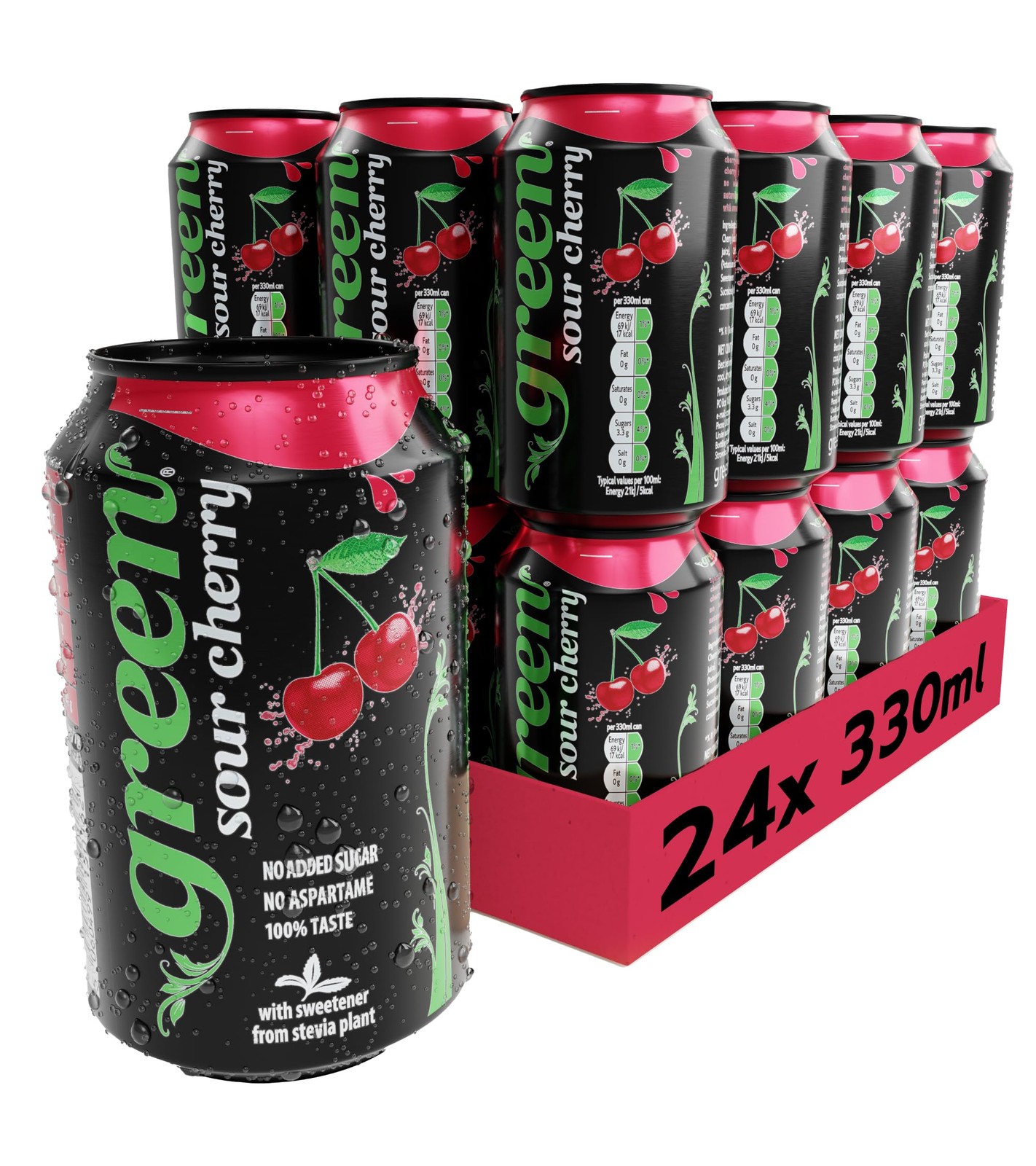 Green Sour Cherry - Low Calorie Soft Drinks - Sparkling Cherry Flavour with 10% Natural Juice - No Added Sugar, Sweetened with Stevia, No Aspartame - Alternative Fizzy Drink - Bulk Pack 24 Cansx330ml - Image 2