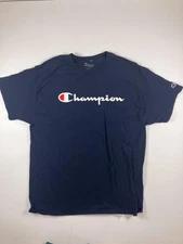 Champion Shirt Mens Large Navy Blue Script Logo Short Sleeve Big C Sleeve Patch