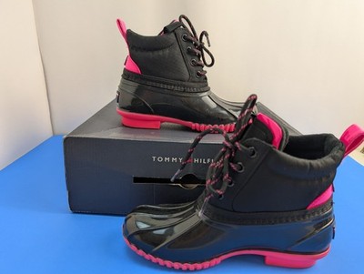 Tommy Hilfiger Haryett Boots Women s 5 M Black Pink Rain Duck Boot Lace Up