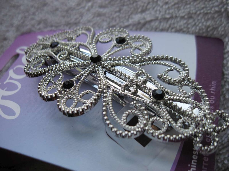 Goody Rhinestone Silver Metal Hair Barrette Clip Fancy Vine Curls Black Gems Lux