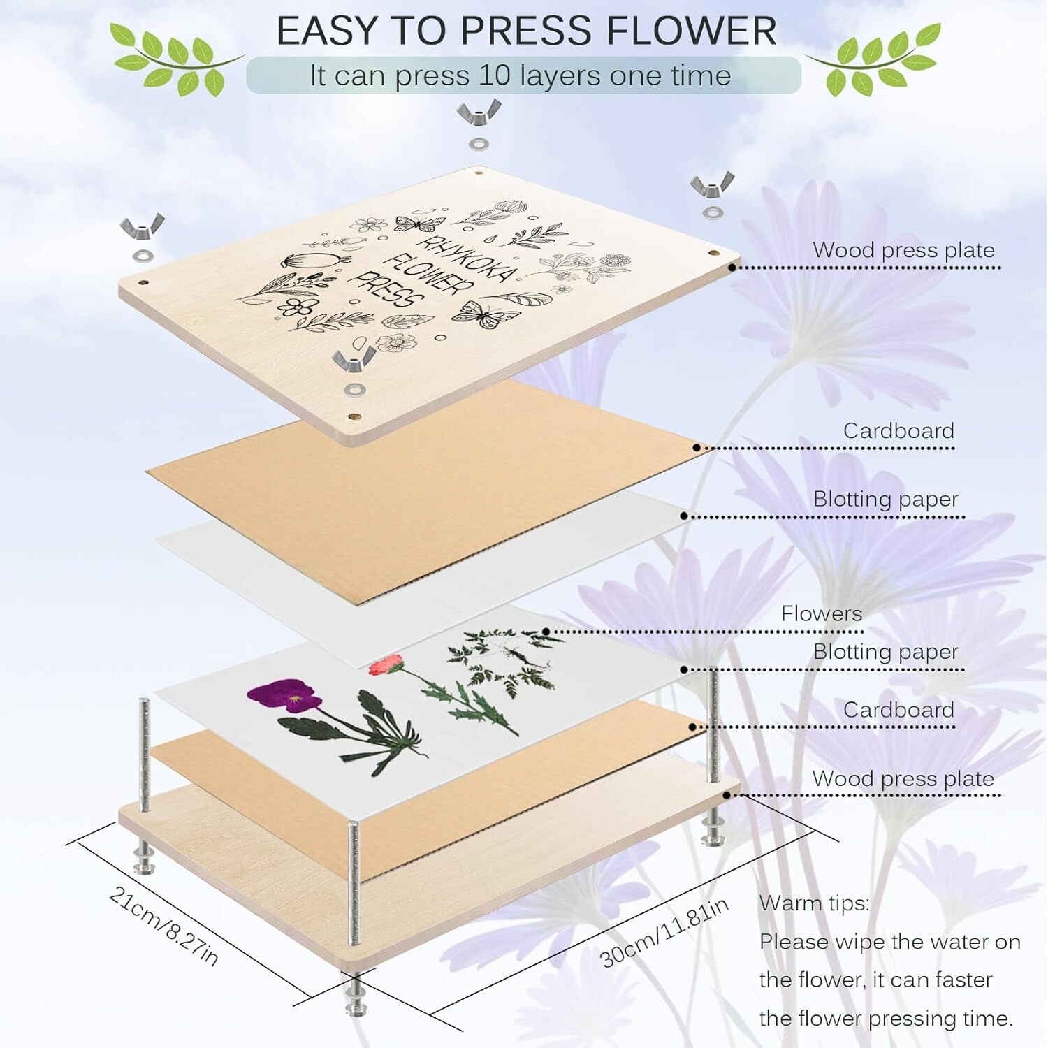 Rhykoka Large Flower Press Kit for Adults, 10 Layers 30 x 21 CM DIY