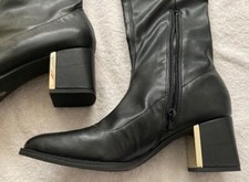 Sleek, low Shine, Black, Tall Boots, Gold tone Heel, NwoT, Fit 7.5 boot size