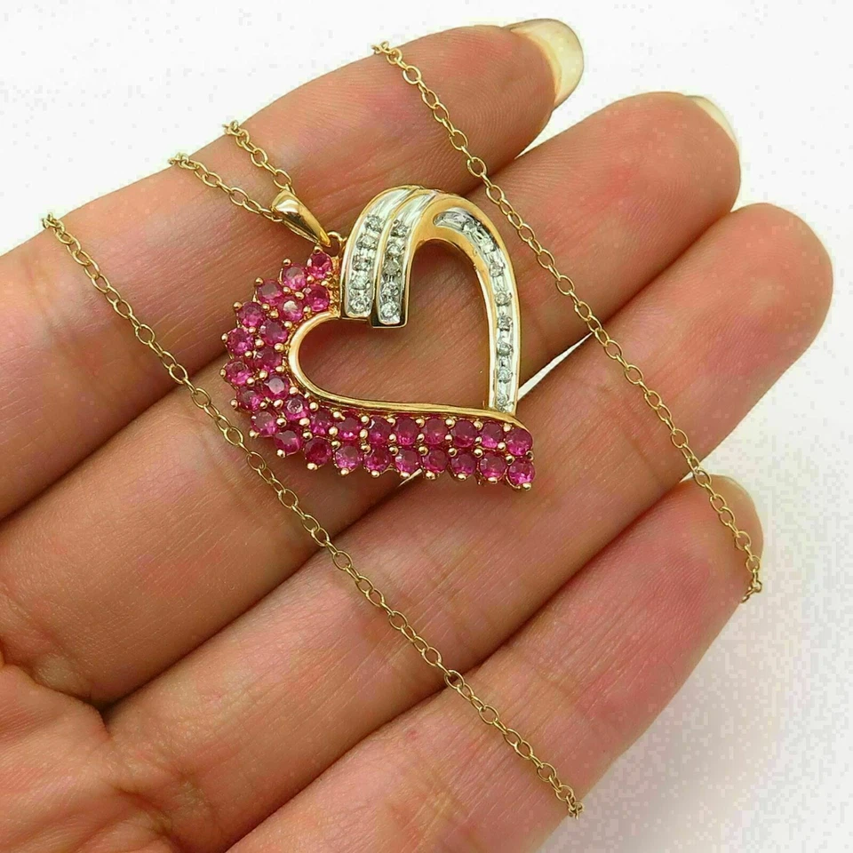 2Ct Round Cut Red Ruby & Diamond Heart Pendant 14K Yellow Gold Finish Free Chain - Image 3 of 4