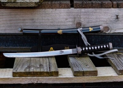 17'' Mini Katana Samurai Sword With Wood Stand Black Gold Small Letter Opener