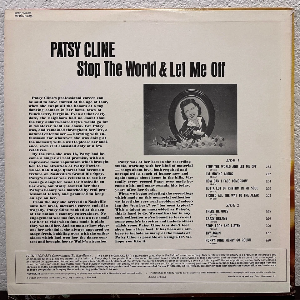 PATSY CLINE - Stop The World & Let Me Off (Hilltop) - 12" Vinyl Record LP - VG - Image 2 of 3