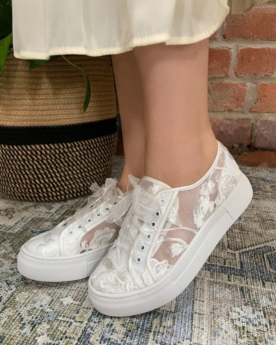 Perfect Bridal Company Ivory Bridal Lace Detailed Trainers Size UK