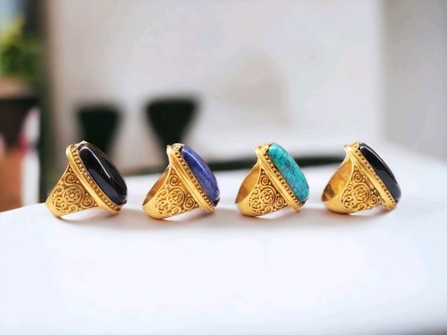 10 Pcs Of Turquoise & Multi Stones Gold Plated Rings Lot For Wholesale/Big Rings - Picture 6 of 9
