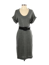 140$ MERINO WOOL CALVIN KLEIN SHORT SLV GRAY SWEATER KNIT DRESS BLACK BELT SCOOP