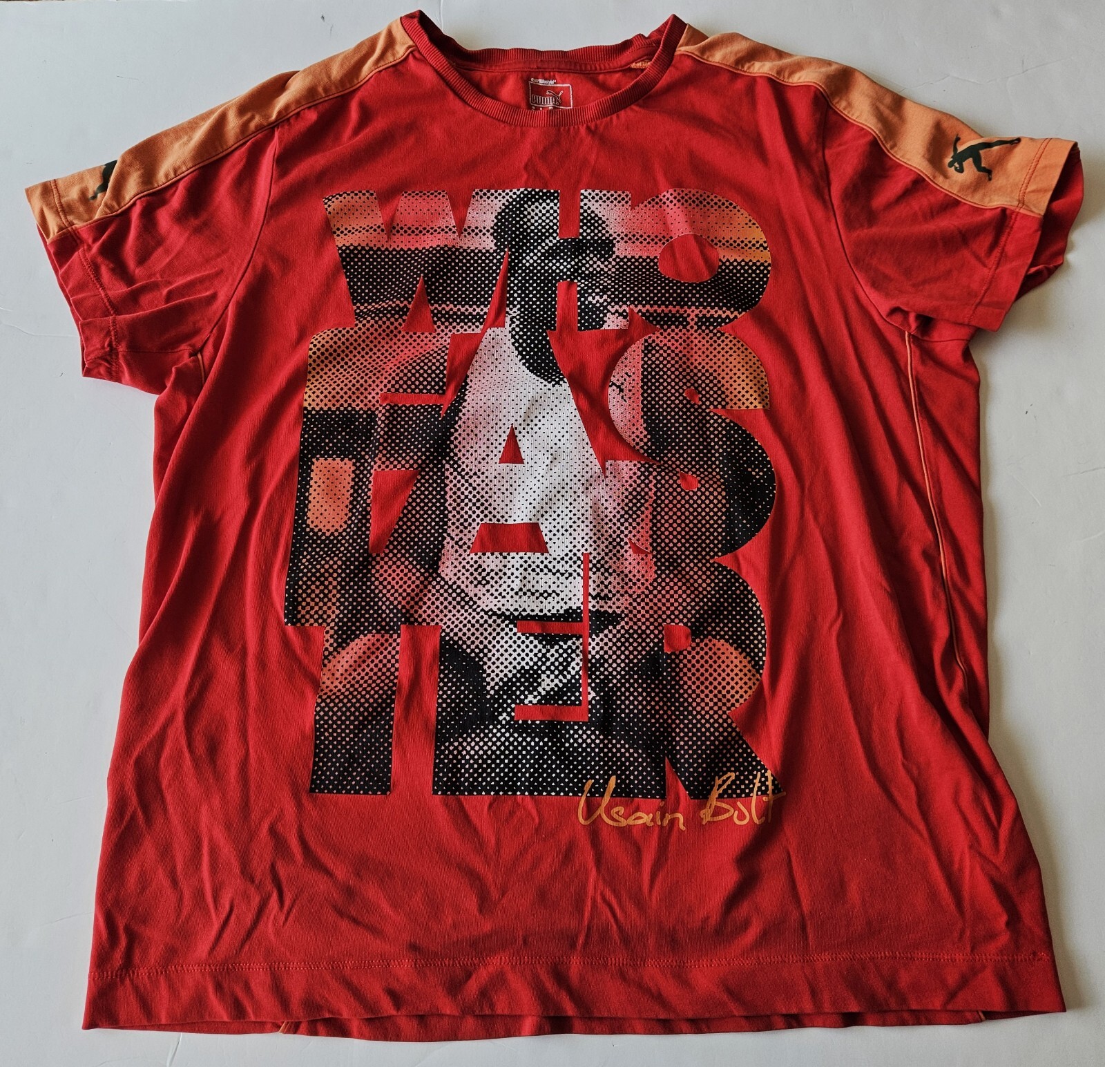 Usain Bolt Who Faster T-Shirt, Red/Orange, Size XL