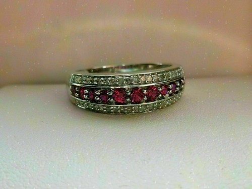 14k White Gold Finish Round Cut Simulated Red Ruby Diamond Eternity Women Ring - Picture 3 of 7
