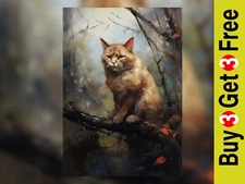 Graceful Feline Perch: 5x7 Cat in Tree Oil Painting Print for Cat & Art Lovers