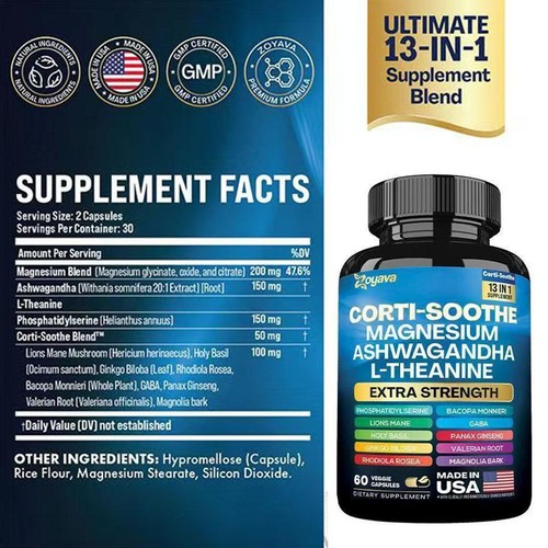Corti-Soothe Cortisol Supplement Magnesium Glycinate 200MgL-Theanine150Mg 60Caps - Picture 12 of 15
