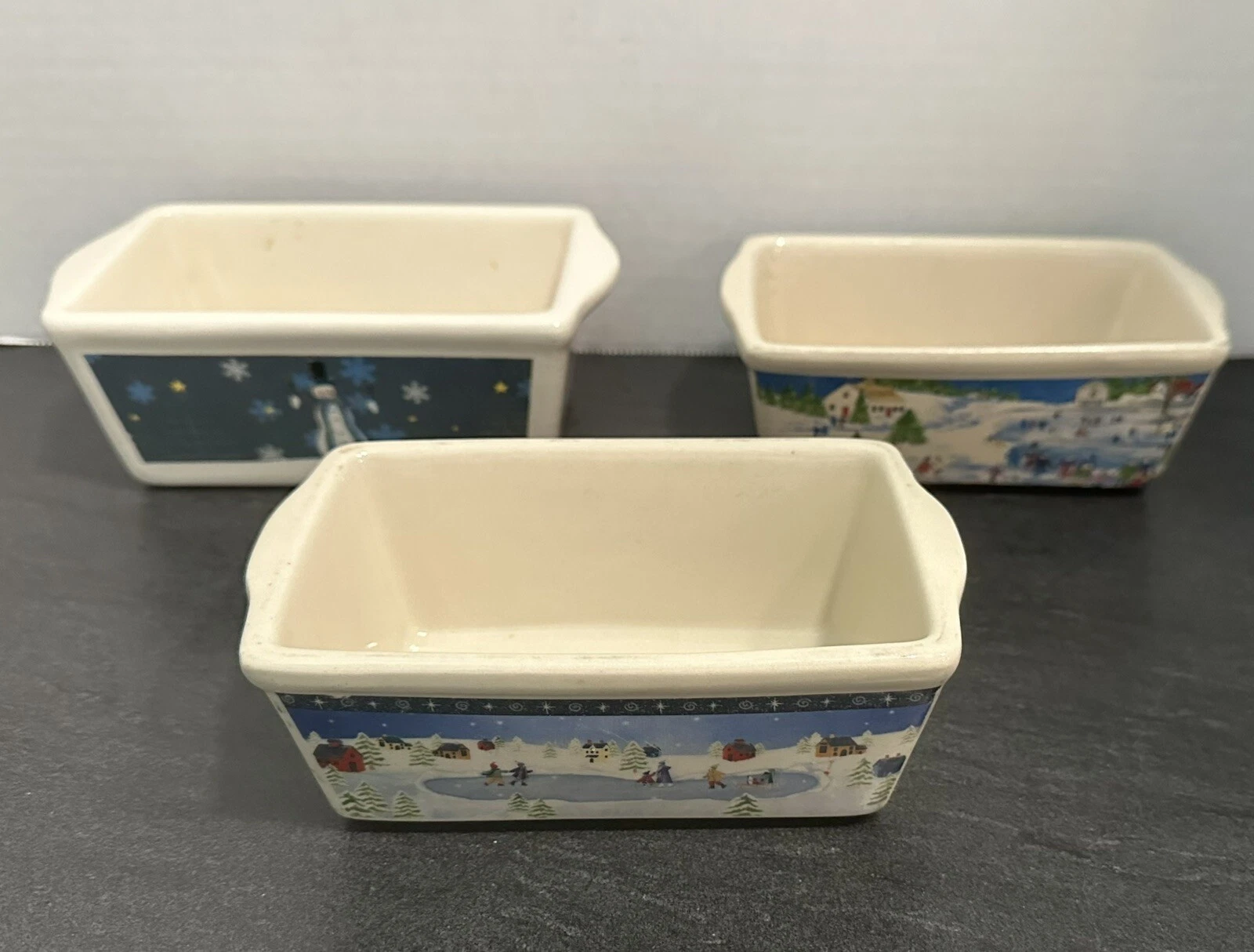 3 Nantucket Stoneware Mini Loaf Pans Winter Scene Gift Giving