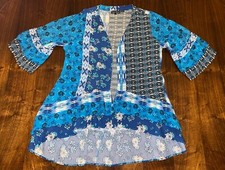 Tolani Collection Womens BOHO Kimono Size Large Blue Floral Ruffle Bell Sleeve