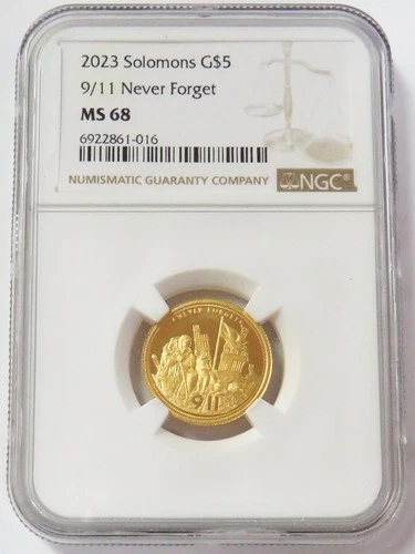 2023 GOLD $5 SOLOMON ISLANDS 9/11 NEVER FORGET 1/8oz NGC MINT STATE 68