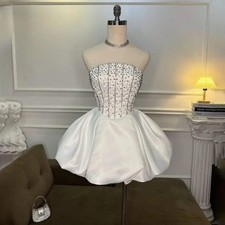 Elegant Bright Diamond Evening Dress Backless Sleeveless Satin Mini Party Dress