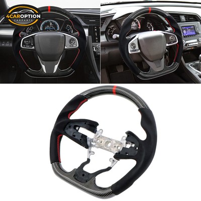 Fit 16-21 Honda Civic Carbon Fiber Steering Wheel Alcantara w/ Red Stitch & Ring