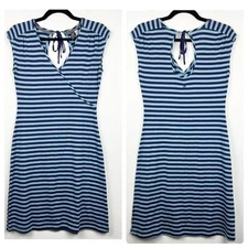 IBEX 100% Merino Wool Faux Wrap Dress Back Cut Out Teal Purple Stripes Size XS