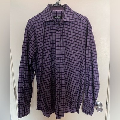 Bugatchi Men's Purple Grid 100% Cotton Button Down Shirt XL Capsule Wardrobe