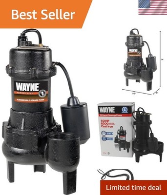 Efficient Sewage Pump 1/2 HP Cast Iron - Submersible with Float Switch Control